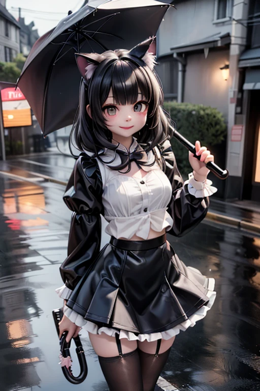 creepy, horror style, a cute demon girl smiling, goth clothing style, lace cloth clothing, wearing a mini ruffled skirt and crop shirt, shirt with short puffy sleeves, nylons, strap pumps, holding an umbrella, floating pose, garden at night