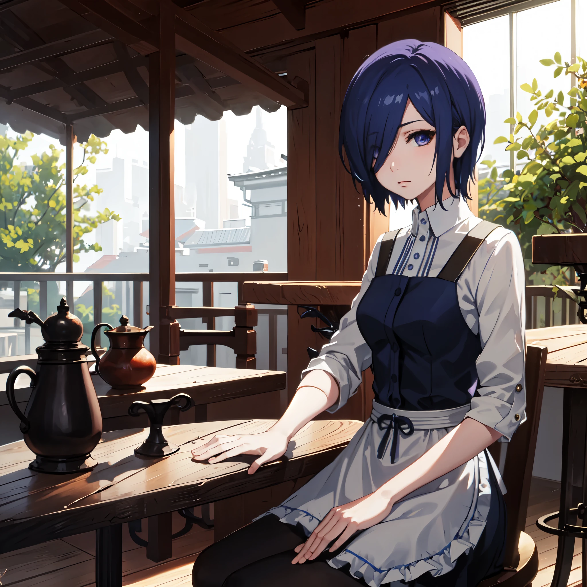 ((best quality)), ((masterpiece)), (detailed), perfect face
Girl, blue-violet hair, blue-violet eyes, cafe waitress, beautiful, kirishima touka from Tokyo ghoul , Short hair covering the left part of her face and her Left eye ، Antique clothing