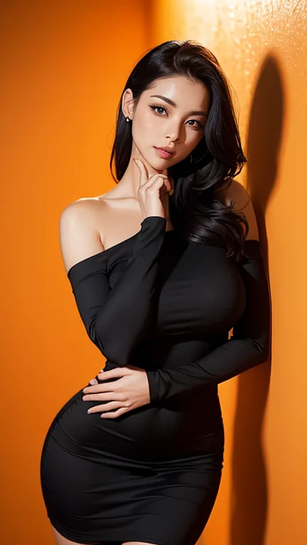 arafed woman in black tight short dress with long sleeves that bare the shoulders. posing against an orange wall, cute elegant p...