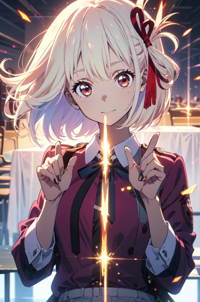 Detailed two-fingered hand holding a gun, chisato nishikigi, lycoris uniform, Point a gun at the viewer, sparks fly, highest quality,((highest quality)),((table top)),((perfect face)),detailed５two-fingered hand,1 girl,The background will be, ((holographic)), , (stripes of light), impressive visuals, (dynamic streak, path of light:1.2), bright colors, Face up,dynamic pose,full body