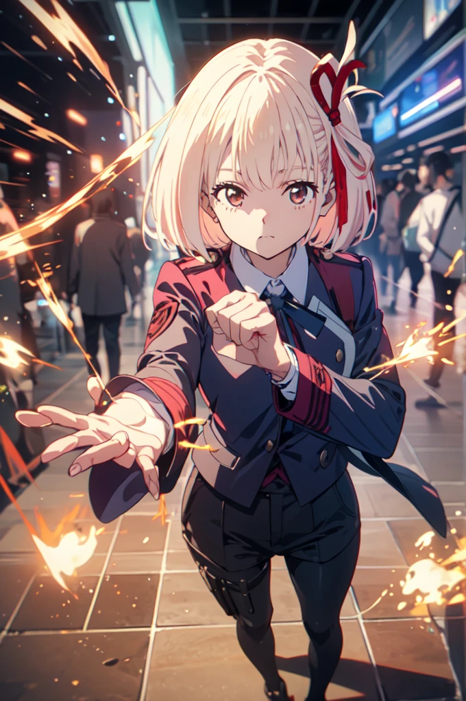 Detailed two-fingered hand holding a gun, chisato nishikigi, lycoris uniform, Point a gun at the viewer, sparks fly, highest quality,((highest quality)),((table top)),((perfect face)),detailed５two-fingered hand,1 girl,The background will be, ((holographic)), , (stripes of light), impressive visuals, (dynamic streak, path of light:1.2), bright colors, Face up,dynamic pose,full body