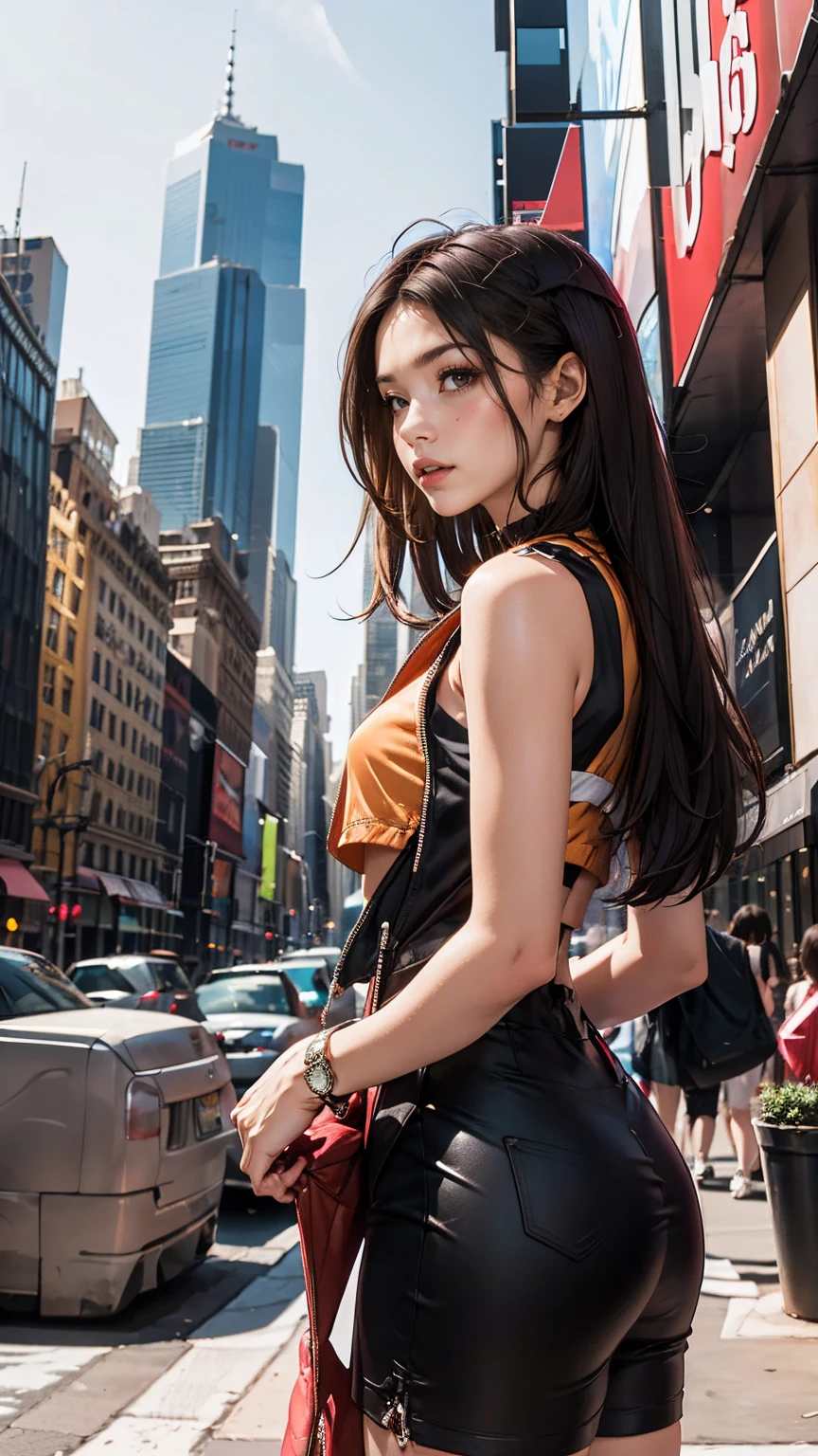 Nueva York、rascacielos、1 mujer、color interior marrón((pelo interior coloreado))、pelo largo、Use una blusa sin mangas con cremallera、Pierna alta