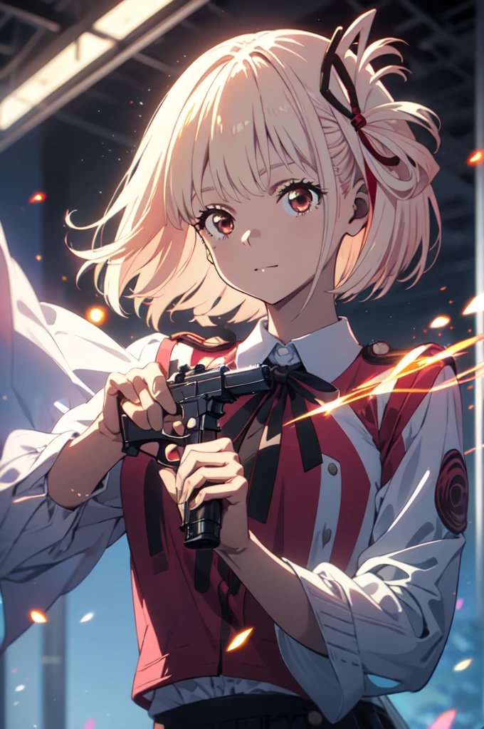 pointing a gun at the audience, detailed five-fingered hand, holding a handgun, Chisato Nishikigi, lycoris uniform,  sparks fly, highest quality,((highest quality)),((table top)),((perfect face)),detailed５two-fingered hand,1 girl,The background will be, ((holographic)), , (stripes of light), impressive visuals, (dynamic streak, path of light:1.2), bright colors, Face up,dynamic pose,full body