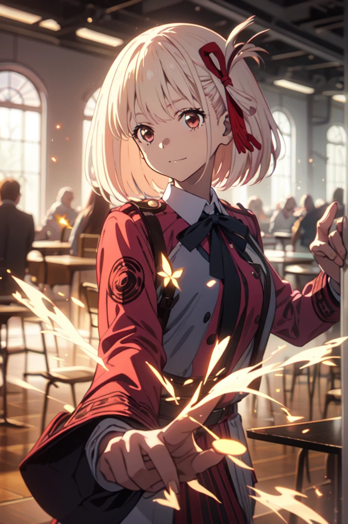 pointing a gun at the audience, detailed five-fingered hand, holding a handgun, Chisato Nishikigi, lycoris uniform,  sparks fly, highest quality,((highest quality)),((table top)),((perfect face)),detailed５two-fingered hand,1 girl,The background will be, ((holographic)), , (stripes of light), impressive visuals, (dynamic streak, path of light:1.2), bright colors, Face up,dynamic pose,full body