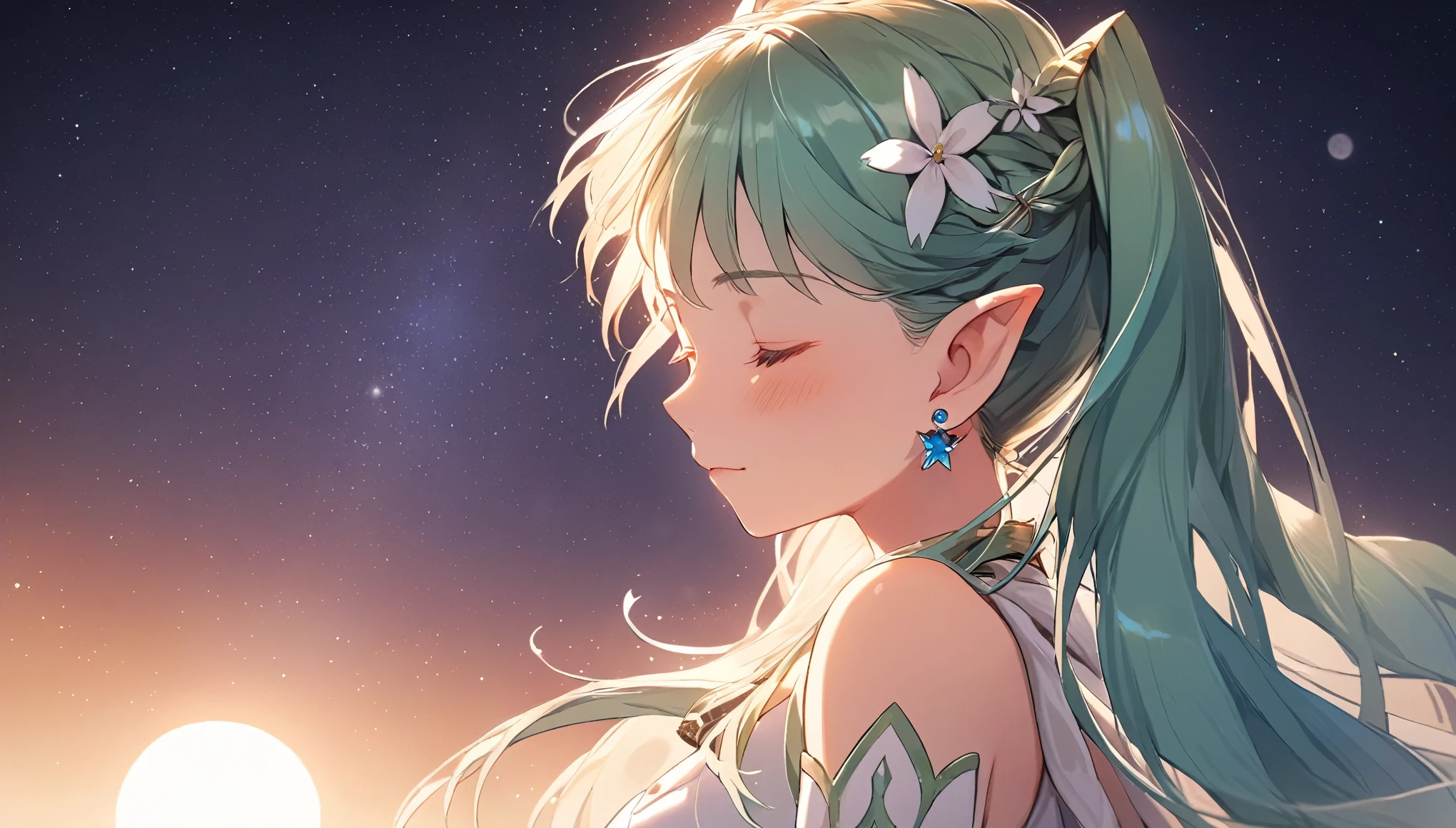 1 elven girl, solo, long hair, breasts, blush, bangs, large breasts, hair ornament, gloves, dress, bare shoulders, twintails, jewelry, large breasts, closed mouth, closed eyes, upper body, aqua hair, braid, flower, earrings, outdoors, detached sleeves, sky, elbow gloves, white gloves, hair flower, white dress, from side, strapless, night, moon, crown, star (sky), night sky, strapless dress, full moon, starry sky, mini crown