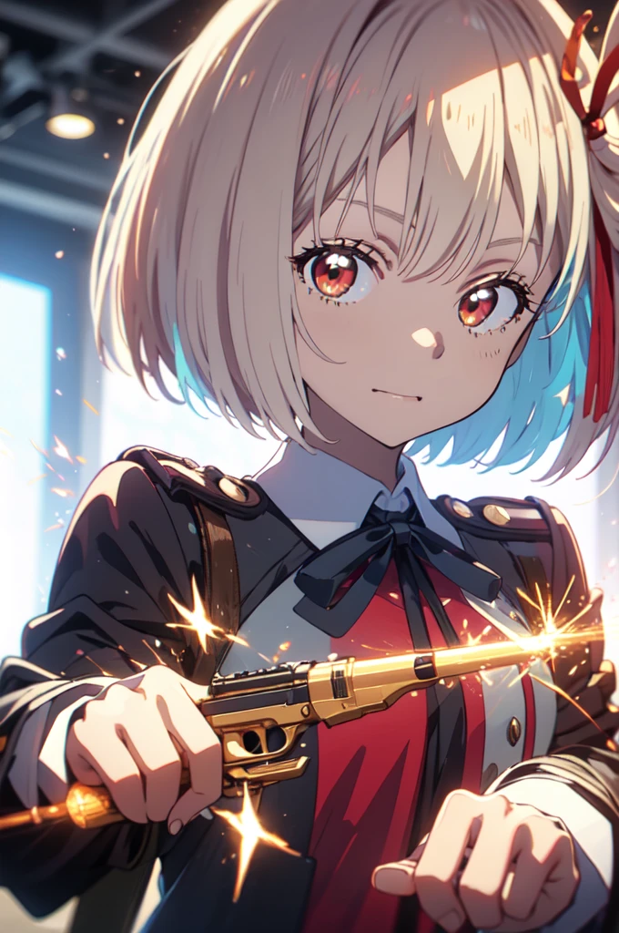 pointing a gun at the audience, detailed five-fingered hand, holding a handgun, Chisato Nishikigi, lycoris uniform, sparks fly, highest quality,((highest quality)),((table top)),((perfect face)),detailed５two-fingered hand,1 girl,The background will be, ((holographic)), , (stripes of light), impressive visuals, (dynamic streak, path of light:1.2), bright colors, Face up,dynamic pose,full body