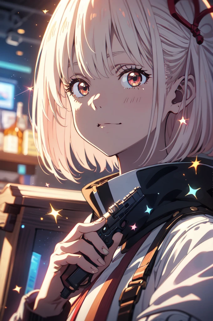 pointing a gun at the audience, detailed five-fingered hand, holding a handgun, Chisato Nishikigi, lycoris uniform, sparks fly, highest quality,((highest quality)),((table top)),((perfect face)),detailed５two-fingered hand,1 girl,The background will be, ((holographic)), , (stripes of light), impressive visuals, (dynamic streak, path of light:1.2), bright colors, Face up,dynamic pose,full body