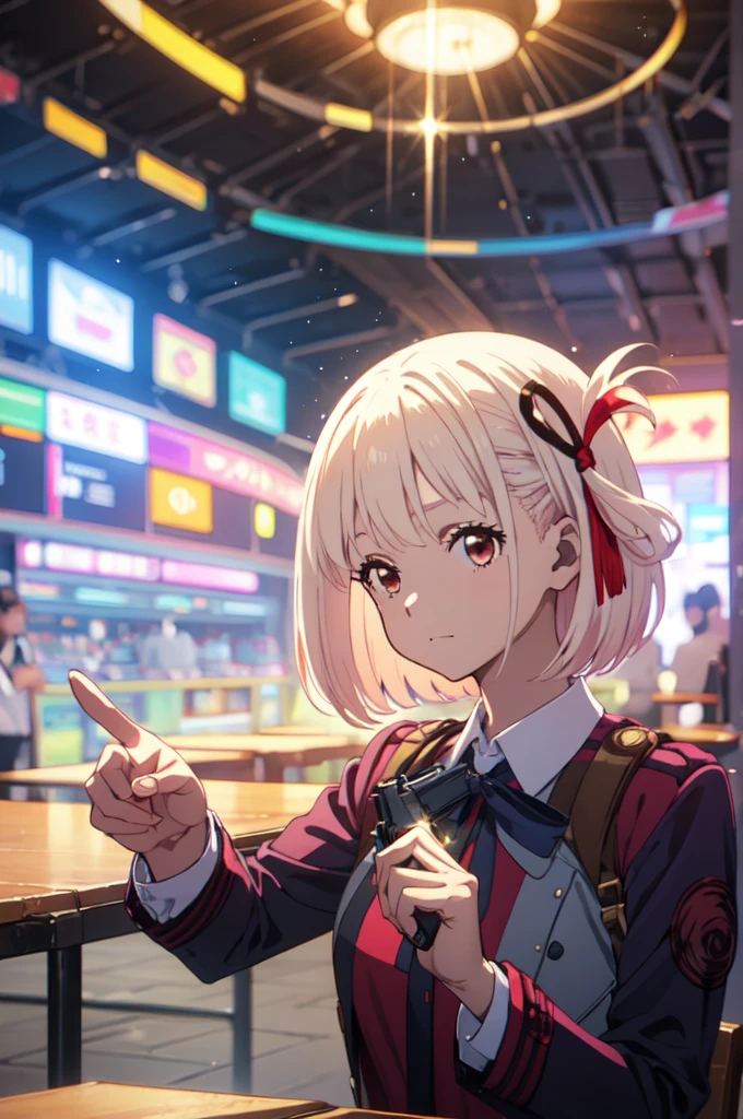 pointing a gun at the audience, detailed five-fingered hand, holding a handgun, Chisato Nishikigi, lycoris uniform and sparkling background, highest quality,((highest quality)),((table top)),((perfect face)),
detailed５two-fingered hand,1 girl and city background, ((holographic)), 
 (stripes of light), 
impressive visuals, Like the cover of a movie,　
(dynamic streak, path of light:1.2), rainbow color, 
bright colors, Face up,dynamic pose,full body