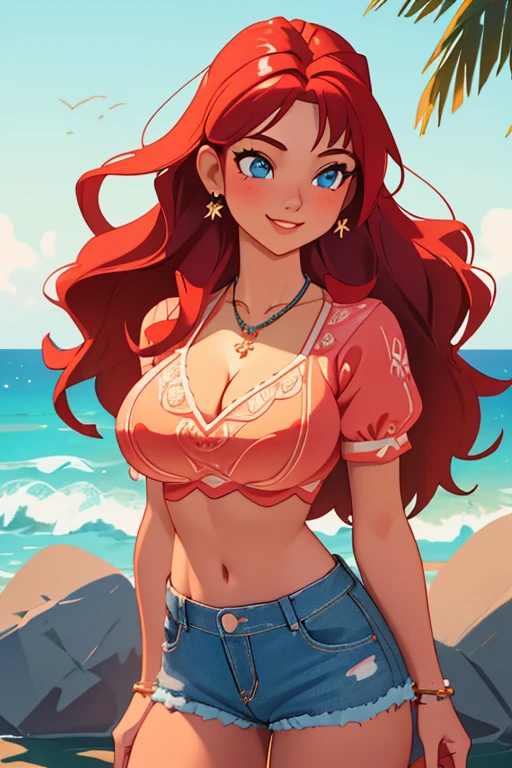 masterpiece,,((ultra detailed background, delicate pattern, intricate detail)), (highly detailed, fine details, rich colors), best quality, beautiful lighting, 1girl, young woman at 22, red hair, solo, long hair, blue eyes, smile,((big breasts, Deep Cleavage, perfect model physique)), ((V-neck crop top ,denim shorts, necklace)), (complex detailed background, barren land, rocks, ocean, outside, nature environment), (cowboy shot),