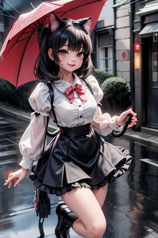 creepy, horror style, a cute demon girl smiling, goth clothing style, lace cloth clothing, wearing a mini ruffled skirt and crop shirt, shirt with short puffy sleeves, nylons, strap pumps, holding an umbrella, floating pose, garden at night