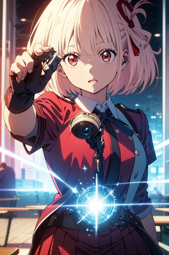 full body, pointing gun, gun action,  at the audience, detailed five-fingered hand, holding a handgun, Chisato Nishikigi, lycoris uniform and sparkling background, highest quality,((highest quality)),((table top)),((perfect face)), detailed５two-fingered hand,1 girl and city background, ((holographic)), (stripes of light), impressive visuals, Like the cover of a movie, (dynamic streak, path of light:1.2), rainbow color, bright colors, and face up,dynamic pose,