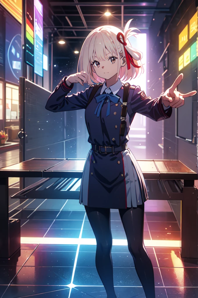 full body, pointing gun, gun action,  at the audience, detailed five-fingered hand, holding a handgun, Chisato Nishikigi, lycoris uniform and sparkling background, highest quality,((highest quality)),((table top)),((perfect face)), detailed５two-fingered hand,1 girl and city background, ((holographic)), (stripes of light), impressive visuals, Like the cover of a movie, (dynamic streak, path of light:1.2), rainbow color, bright colors, and face up,dynamic pose,