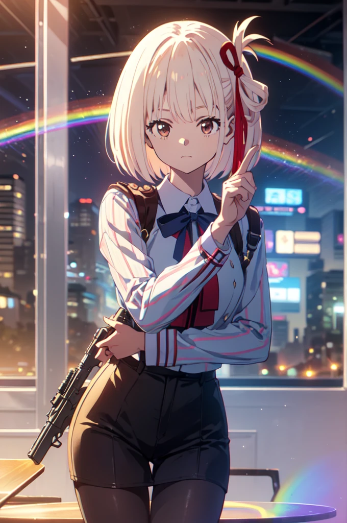 full body, pointing gun, gun action, at the audience, detailed five-fingered hand, holding a handgun, hundgun action, Chisato Nishikigi, lycoris uniform and sparkling background, highest quality,((highest quality)),((table top)),((perfect face)), detailed５two-fingered hand,1 girl and city background, ((holographic)), (stripes of light), impressive visuals, Like the cover of a movie, (dynamic streak, path of light:1.2), rainbow color, bright colors, and face up,dynamic pose,