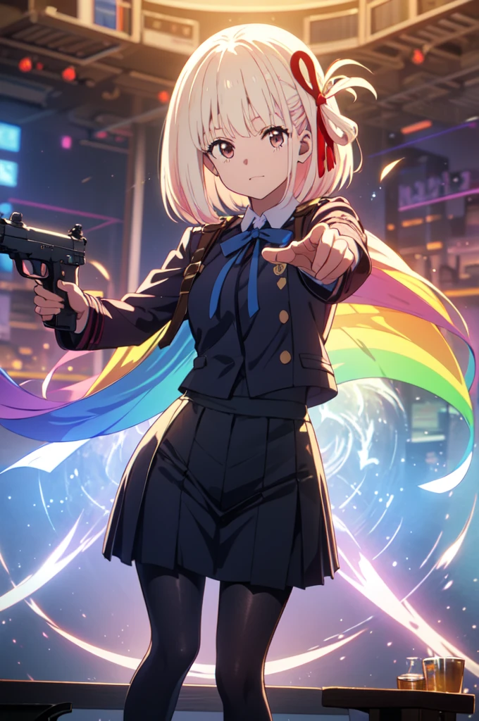 full body, pointing gun, gun action, at the audience, detailed five-fingered hand, holding a handgun, hundgun action, Chisato Nishikigi, lycoris uniform and sparkling background, highest quality,((highest quality)),((table top)),((perfect face)), detailed５two-fingered hand,1 girl and city background, ((holographic)), (stripes of light), impressive visuals, Like the cover of a movie, (dynamic streak, path of light:1.2), rainbow color, bright colors, and face up,dynamic pose,