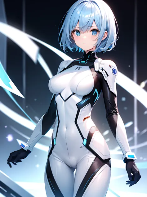 girl　cyborg　slender　White and blue bodysuit　short hair