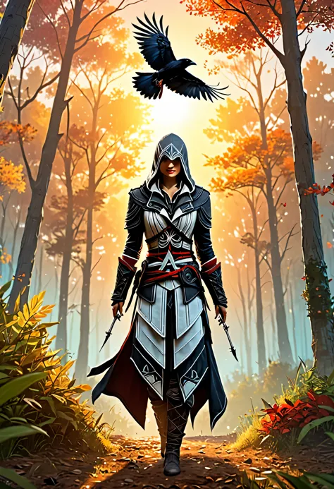 wide shot:1.4, (masterpiece:1.5),(Best quality:1.6), (ultra high resolution:1.4),((1 beautiful woman in well-covered Assassin's Creed-style clothing with a crow:1.5)), middle of the forest at sunset:1.7)), landscape, vibrant colors, sunrise, sun rays passi...