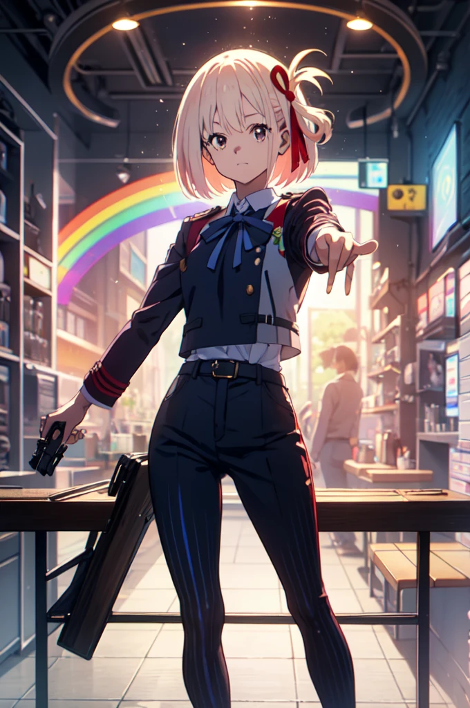 full body, pointing gun, gun action, at the audience, detailed five-fingered hand, holding a handgun, hundgun action, Chisato Nishikigi, lycoris uniform and sparkling background, highest quality,((highest quality)),((table top)),((perfect face)), detailed５two-fingered hand,1 girl and city background, ((holographic)), (stripes of light), impressive visuals, Like the cover of a movie, (dynamic streak, path of light:1.2), rainbow color, bright colors, and face up,dynamic pose,