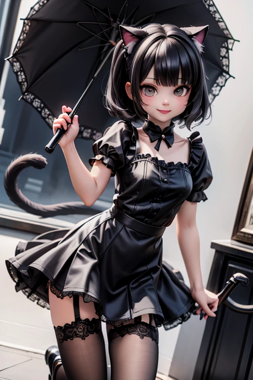 creepy, horror style, a cute demon girl smiling, goth clothing style, lace cloth clothing, wearing a mini ruffled skirt and crop shirt, shirt with short puffy sleeves, nylons, strap pumps, holding an umbrella, floating pose, garden at night