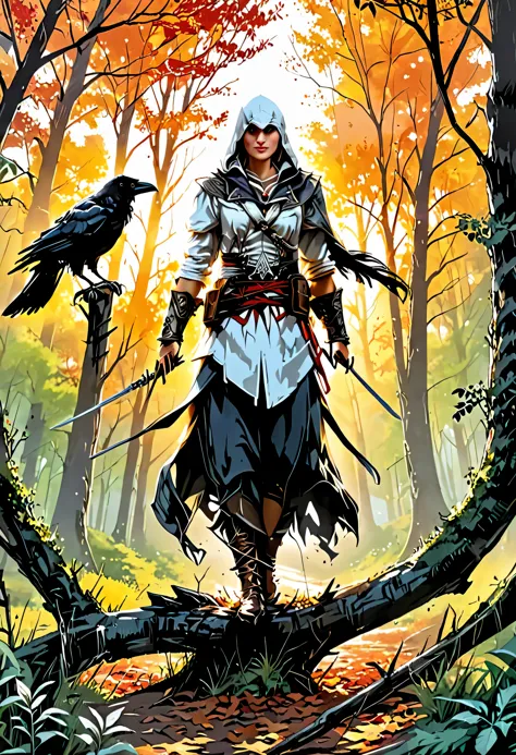 wide shot:1.4, (masterpiece:1.5),(Best quality:1.6), (ultra high resolution:1.4),((1 beautiful woman in well-covered Assassin's Creed-style clothing with a crow:1.5)), middle of the forest at sunset:1.7)), landscape, vibrant colors, sunrise, sun rays passi...