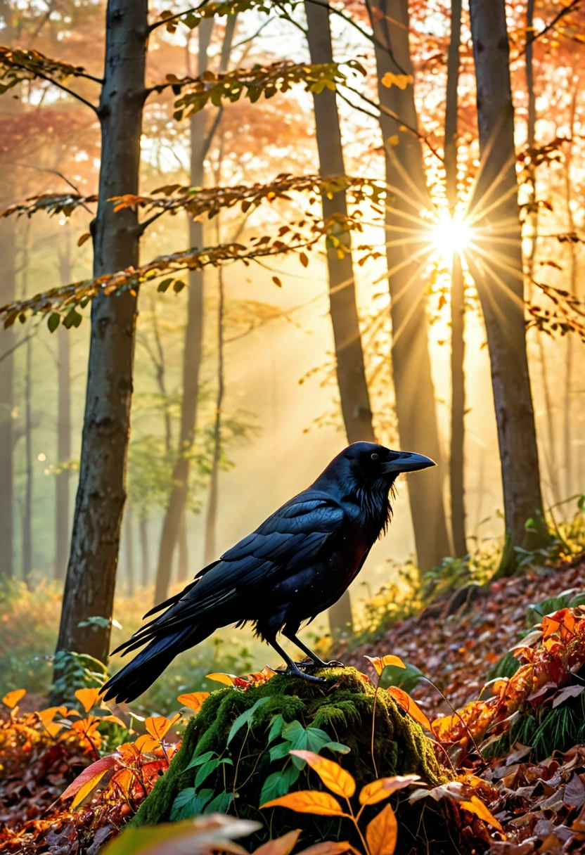 general shot:1.4, (masterpiece:1.5),(Best quality:1.6), (ultra high resolution:1.4),((a crow, epically beautiful:1.5)), in the middle of the forest at sunset:1.7)), landscape, vibrant colors, sunrise, sun rays passing through the trees, leaves falling from the trees, dew on leaves and plants, clouds, (( magical, Beautiful, otherworldly, trees:1.4 )), (( Best quality, vibrant, 32k, clear and well-defined shadows)).