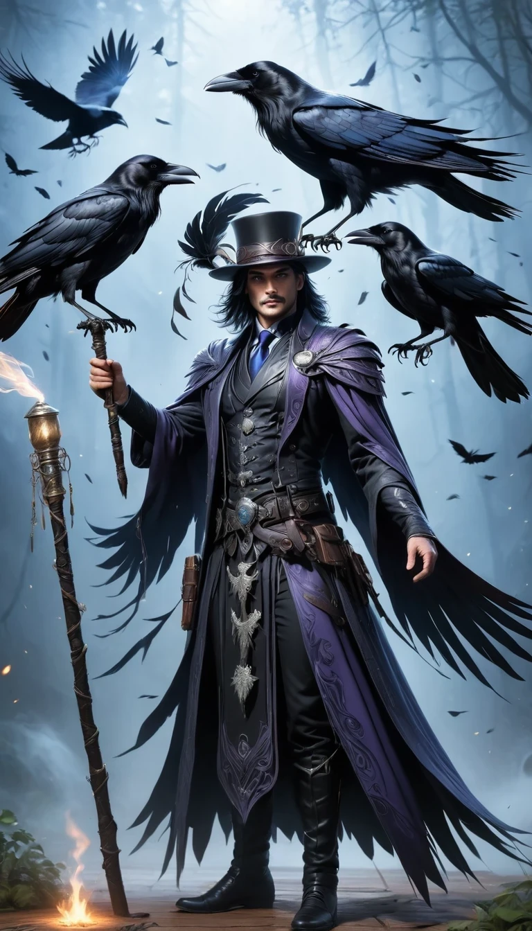 愤怒的魔术师，渡鸦魔术师，乌鸦羽毛服饰，渡鸦权杖，神奇的乌鸦魔法，强大的魔法能量
