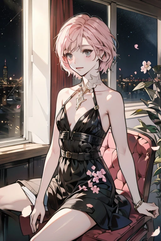 (masterpiece:1.2), solo, 1other, (((sundress, black dress))), (diagonal view, from top:1.2), 1 femboy , ((sitting on chair)), public bar, fallen leaves, cherry blossom, (shy, naughty_face,), colorful, hair_ornament , spring light, warm lightning, night, starlight, (nopan, no panties), short hair, (super small boy breasts:1.3),naked shoulder,,akiyama mizuki, pink hair, nipples, otoko no ko,