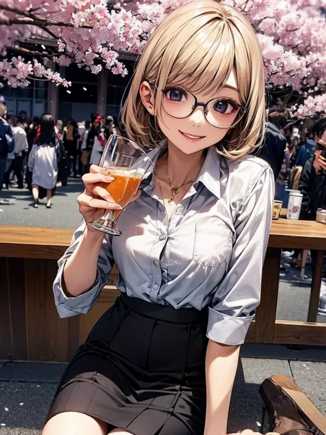 20 year old female、shiny hair quality、beautiful blonde hair、bob hair、glasses、glasses美人、cherry blossoms、cherry-blossom viewing、a ...