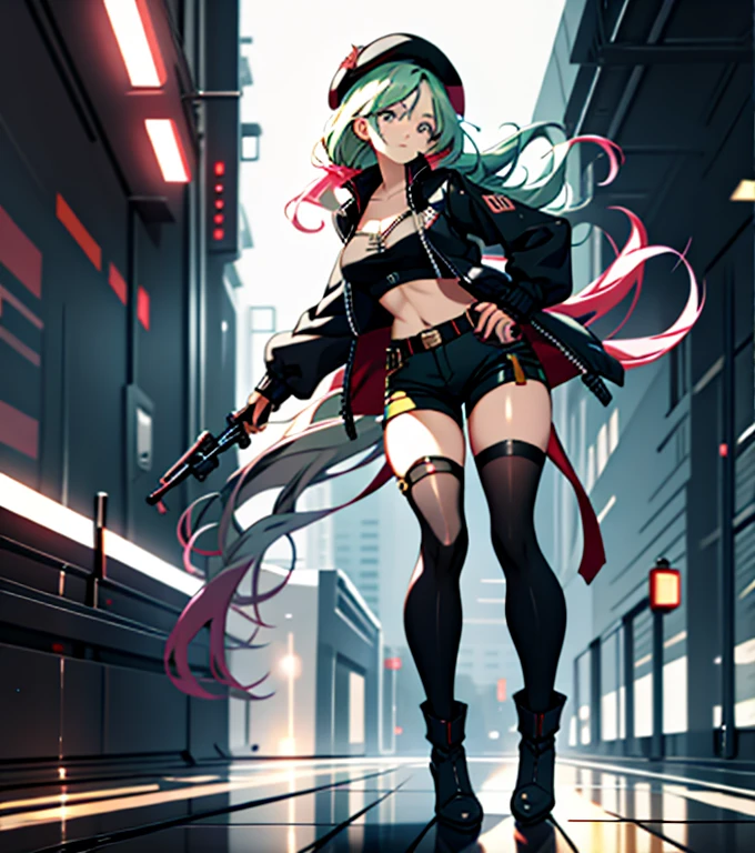 ubel,dark green hair,long hair,side ponytail,hair between eyes,bangs, BREAK (beret, black jacket, open clothes, cleavage, midriff, black shorts, black thighhighs, thigh strap, fingerless gloves, single glove:1.2) BREAK blurry background, BREAK pose, hand on hip, BREAK (masterpiece:1.2), best quality, high resolution, unity 8k wallpaper, (illustration:0.8), (beautiful detailed eyes:1.6), extremely detailed face, perfect lighting, extremely detailed CG, (perfect hands, perfect anatomy),