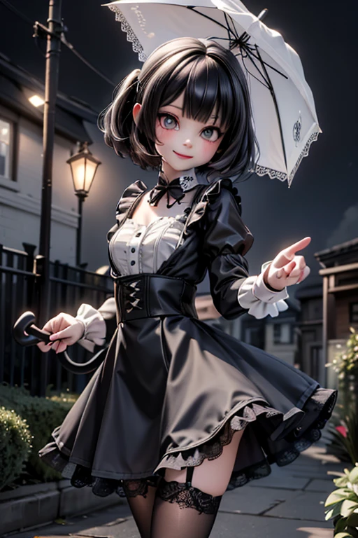 creepy, horror style, a cute demon girl smiling, goth clothing style, lace cloth clothing, wearing a mini ruffled skirt and crop shirt, shirt with short puffy sleeves, nylons, strap pumps, holding an umbrella, floating pose, garden at night