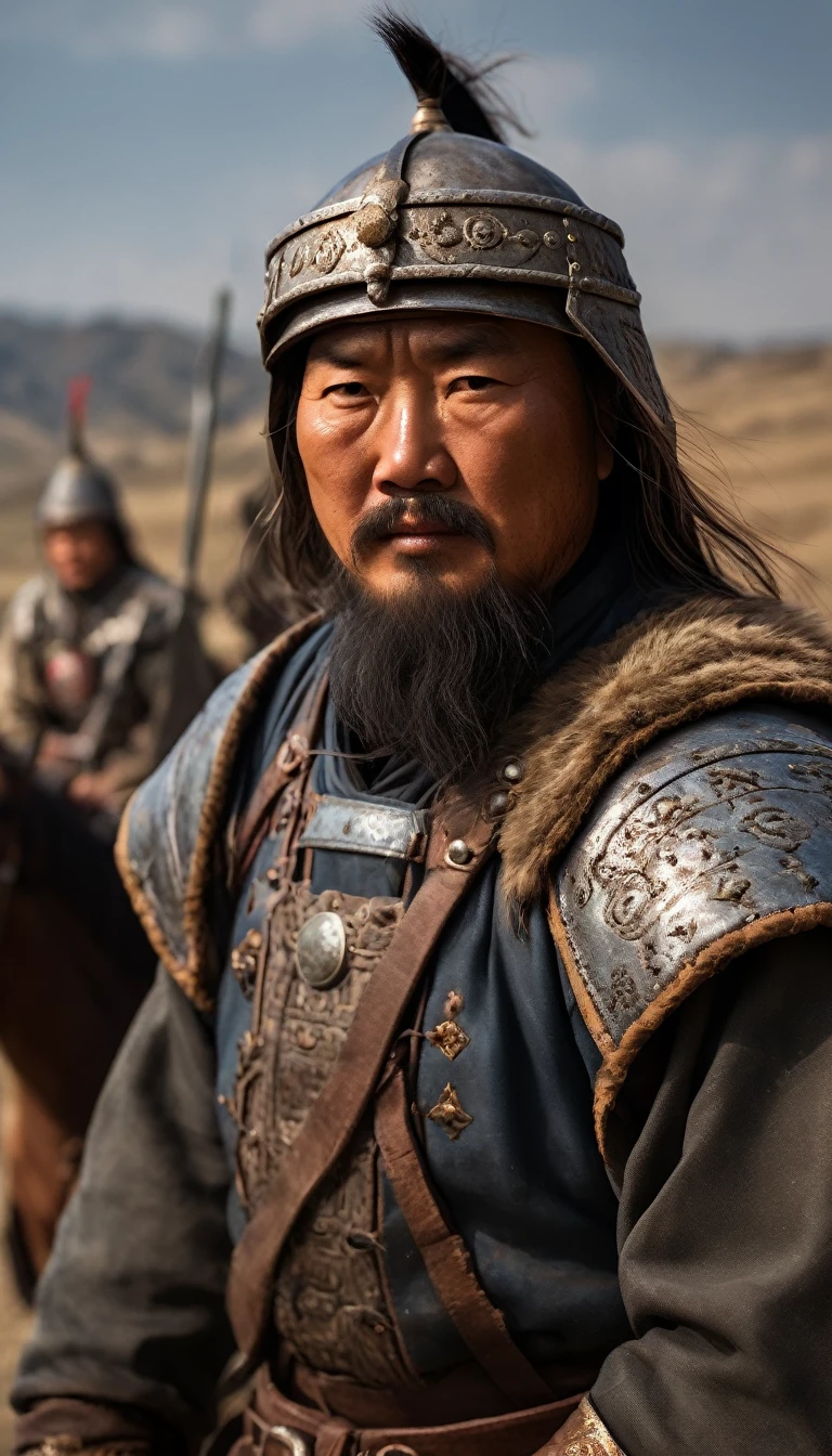 Close-ups of Kitbuqa, the Mongol commander, as he surveys the battlefield with steely determination, RAW photo,(high detailed skin:1), (realistic, photo-realistic:1.37), ultra high res, professional lighting , 8k uhd, dslr , high quality, film grain, Fujifilm XT3, RAW photo