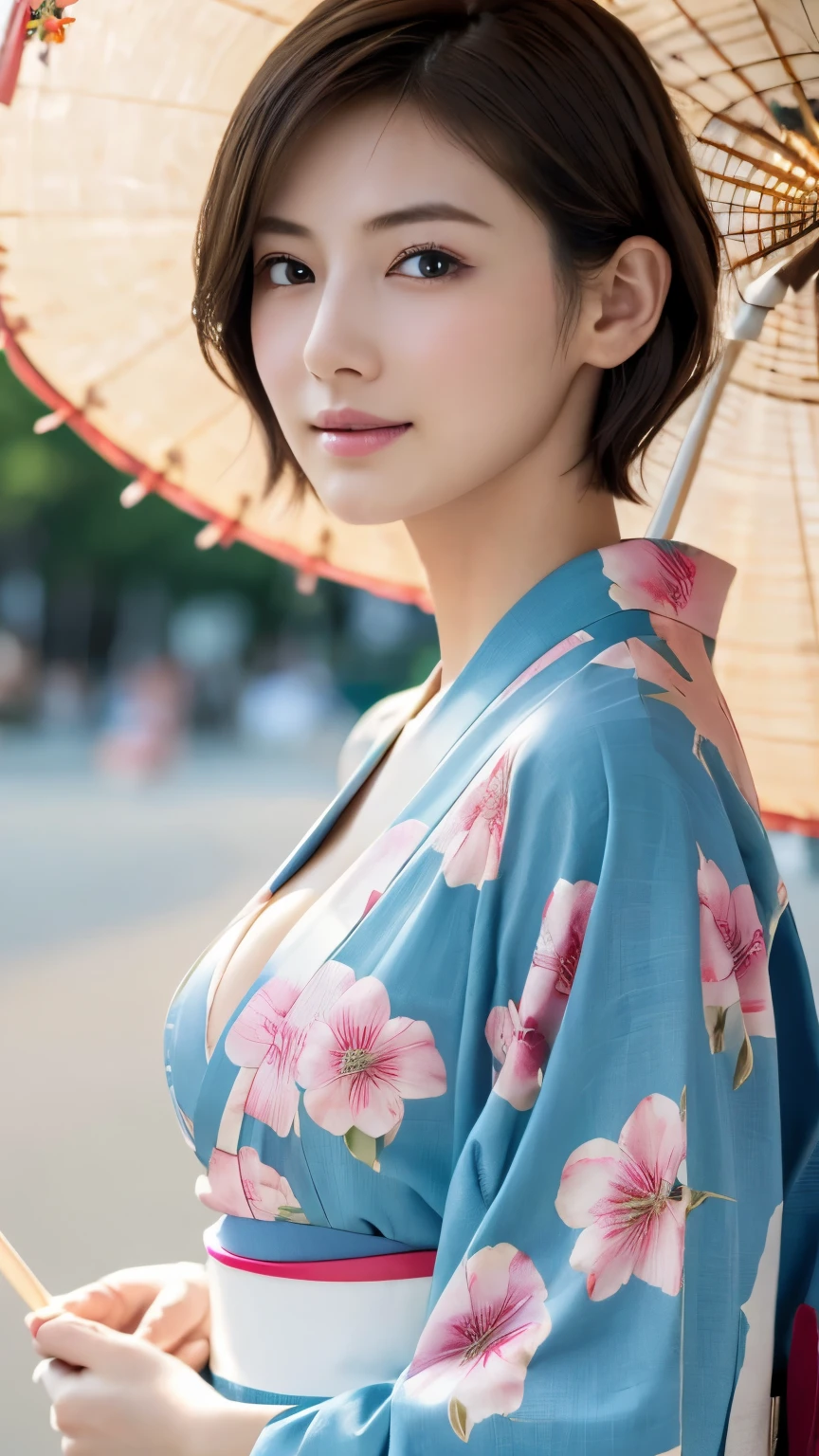 (masterpiece:1.3), (8K, Photoreal, Raw photo, best image quality: 1.4), Japanese, (1 girl), beautiful face, (lifelike face), (short hair:1.3), beautiful hairstyle, realistic eyes, beautiful eyes, (real looking skin), beautiful skin, charm, 超A high resolution, surreal, high detail, golden ratio, detail makeup,see the beholder,Big cleavage visible、Flower pattern Japanese kimono、fair day festival、shrine、shaved pubic hair、((full body figure))、Holding cotton candy