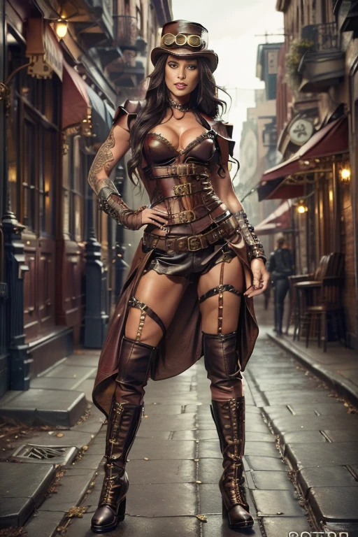 (((Full body shot))), (((Leather boots))), ((Standing on the ground)), hyper realistic, Megan Fox, steampunk hooker, leather outfit, beautiful eyes, badly lit steampunk street background, night
