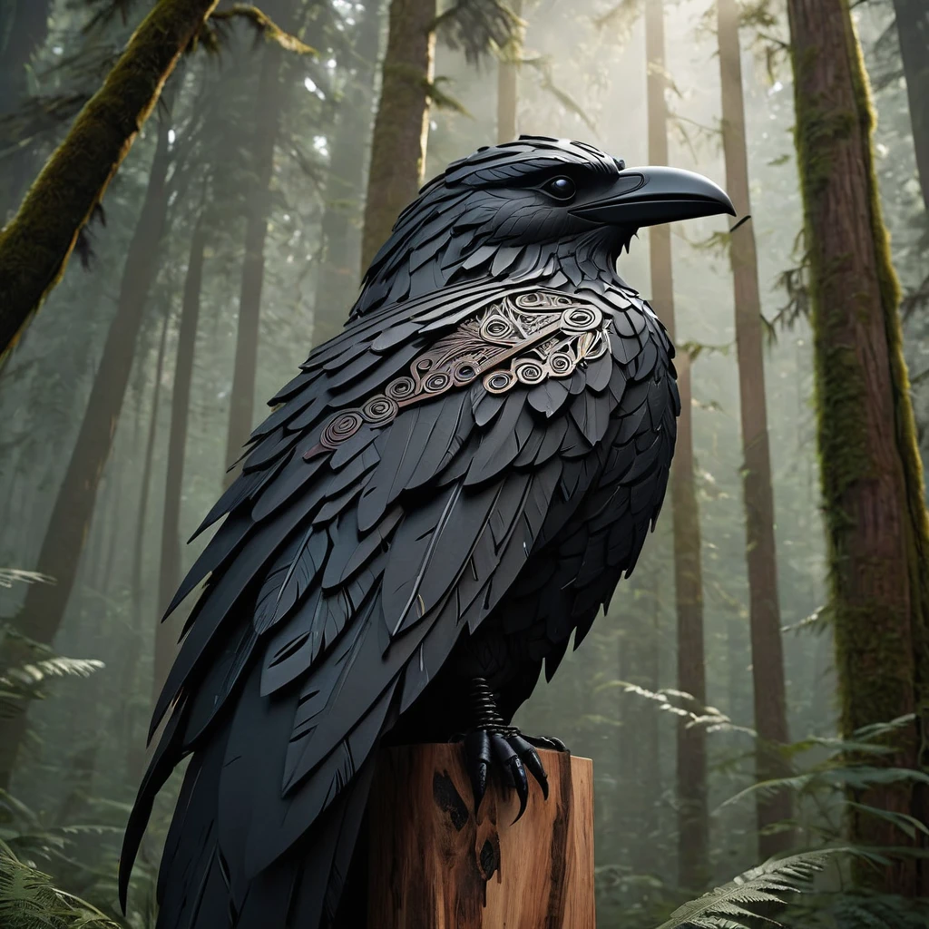 Crow-shaped Native American totem, hyper-detailed woodwork, adorned with feathers, beads, flock of black crows soaring above dense forest backdrop, embodying elegance, splendor, perfection, inspired by Benedick Bana , chiaroscuro, high contrast, textured look, Miki Asai Macro photography influence, trending on Artstation, sharp focus, studio photography, intricate beadwork details, immaculate composition, intricate details as seen in octane rendering, High Resolution, High Quality, Masterpiece