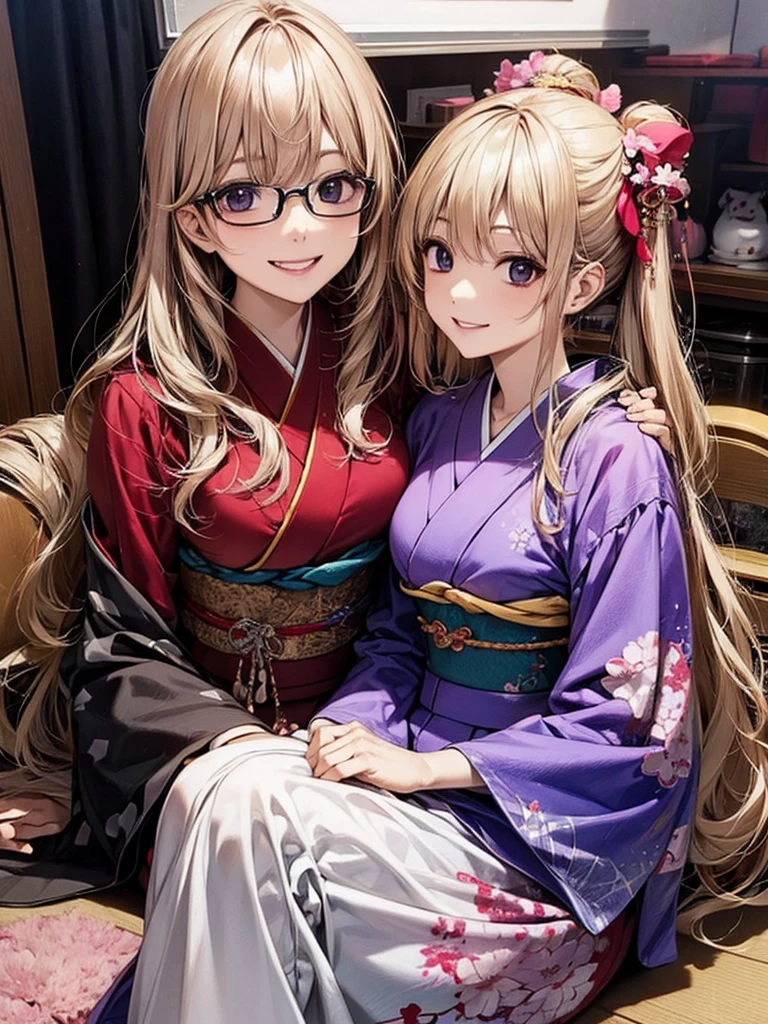 20 year old female、shiny hair quality、Beautiful Blonde Hair、super long hair、Shaggy Hair、Glasses、Glasses美人、cherry blossoms、Cherry-blossom viewing、kimono、kimono、Traditional Japanese Clothing、cute、smile、Perfect skeleton