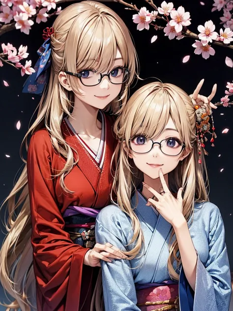 20 year old female、shiny hair quality、beautiful blonde hair、super long hair、shaggy hair、glasses、glasses美人、cherry blossoms、cherry...