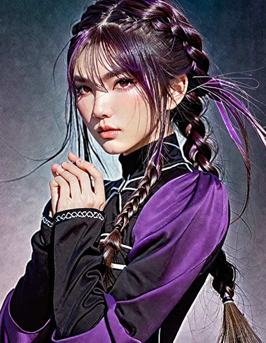 MEI MEI, LONG HAIR, VERY LONG HAIR, BRAID, (HAIR OVER ONE EYE:1.5), BRAIDED PONYTAIL, ONE EYE COVERED, BRAIDED BANGS, (PURPLE EYES:1.1),LONG SLEEVES, DRESS, PUFFY SLEEVES, BLACK DRESS, JULIET SLEEVES, TURTLENECK DRESS,ar -- 9:16, designed digital art, trending digital fantasy art,stephen lau and artgerm, as seen on artgerm, artgerm julie bell beeple, stanley artgerm lau, artgerm and ben lo, portrait of , artgerm on artstation pixiv