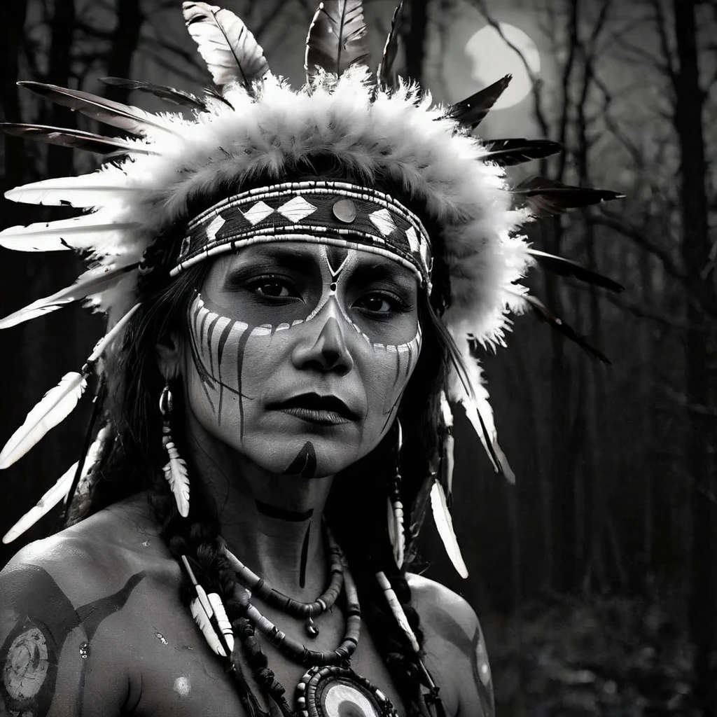 Close-up, a female Shaman of the Native Americans of the Crow tribe. War paint, Feathers, Beads, beads . Gloomy night lighting. The background is a moonlit night in the forest. Hyperdetalization. Elegance, splendor, perfection, beauty, inspired by @ralphlentjes, chiaroscuro, high contrast, textured look, black and white still, digital Art, perfect composition, beautiful detailed intricate insanely detailed octane render trending on artstation, 8 k artistic photography, photorealistic concept art, soft natural volumetric cinematic perfect light, chiaroscuro, award - winning photograph, masterpiece, oil on canvas,, intricate details as seen in octane rendering, High Resolution, High Quality, Masterpiece