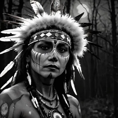 Close-up, a female Shaman of the Native Americans of the Crow tribe. War paint, Feathers, Beads, beads . Gloomy night lighting. ...