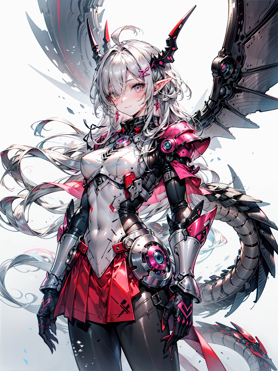 dragon ears, Mecha, mechanical, dragon wings, dragon tail, dragon horn,, ultra become familiar with, masterpiece, highest quality, beautiful, become familiar with,, strict, 1 girl, (White eyes:1.1), (gray eyes:1.3), gray hair, とてもlong hair, parted hair, parted bangs, medium breasts,, valkyrie, (body suit:1.1), Pink feather hair ornament, grey armored skirt, black body suit, armor, gauntlet, Pink breastplate, greaves, armored dress, shades of pink, Blake、（dark elf), (1 girl), alone, perfect face, get used to it, Ahoge, ((long hair:1.2)), (hair above one eye:1.3), [[messy hair]], Shiny blonde white hair, purple eyes, multicolored eyes, colorful hair, shining eyes, (eyelash, eye shadow, pink eye shadow), bright, smile, design art by Mikimoto Haruhiko, by Kawashi, By Yoshitaka Amano