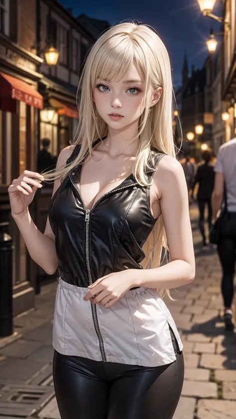 Brussels Old Town、cobblestone、1 woman、Platinum blonde inner color((colored inner hair))、long hair、Wear a sleeveless zipper-up to...