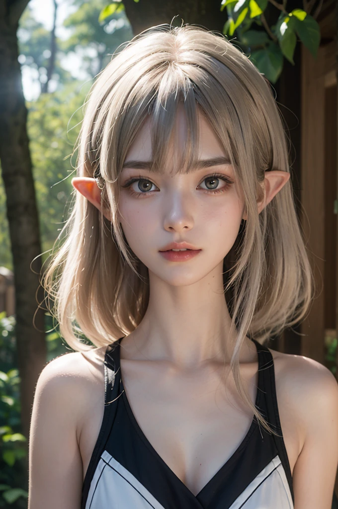 the elf kid,girl,
(silver hair),hides her nipples and vagina with her hands,white sox, eyes with large brown irises, blunt bangs,small mouth, fresh lips,nose blush,pink cheek,embarrassing,in ancient forest
,(perfect anatomy),beautiful lighting, volumetric lighting, dynamic angle, looking at viewer, (photographic portrait), sharp,