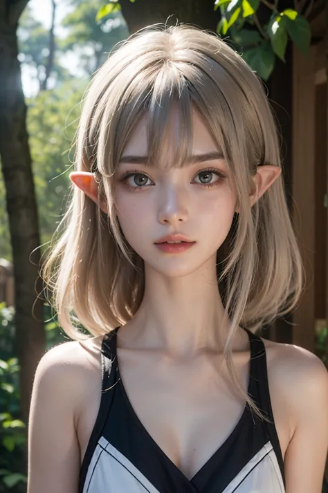 the elf kid,girl,
(silver hair),hides her nipples and vagina with her hands,white sox, eyes with large brown irises, blunt bangs...