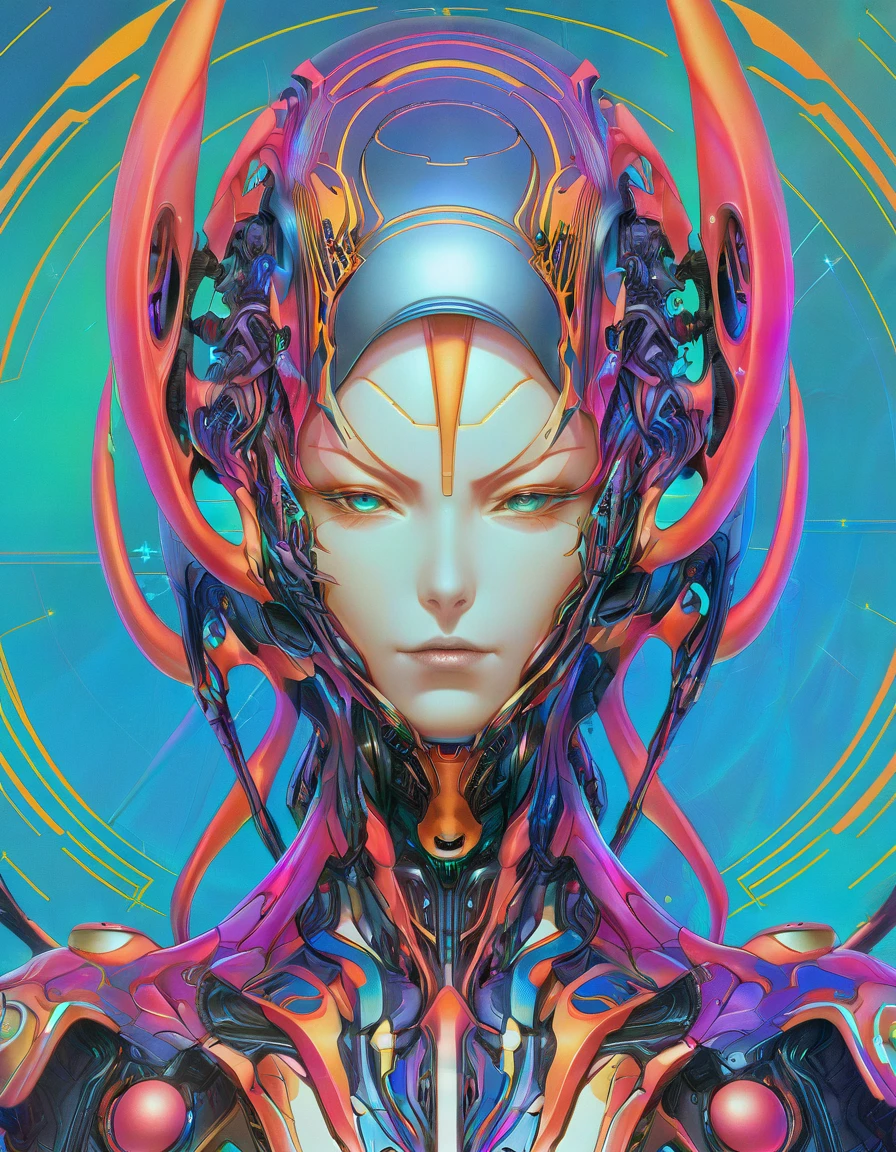 a picture of a person with a weird  hybrid robotic 🦾 alien 👽 female 👧 head piece, hiroyuki takahashi color scheme, cgsociety - w 1 0 2 4 - n 8 - i, hiroyuki-mitsume takahashi, weta studio and james jean, by Android Jones, moebius + loish + wlop, beautiful robot character design, fractalpunk, psychedelic organic cyborg, designed digital art, trending digital fantasy art,stephen lau and artgerm, as seen on artgerm, artgerm julie bell beeple, stanley artgerm lau, artgerm and ben lo, portrait of , artgerm on artstation pixiv