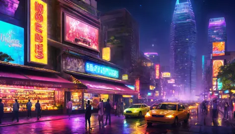 (best quality,4k,highres,ultra-detailed,realistic:1.2), vibrant neon lights illuminating the streets of the city at night, downt...