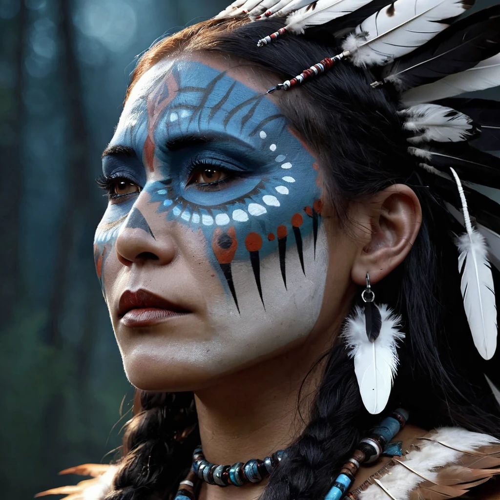Close-up, a female Shaman of the Native Americans of the Crow tribe. War paint, Feathers, Beads, beads . Gloomy night lighting. The background is a moonlit night in the forest. Hyperdetalization. Elegance, splendor, perfection, beauty, inspired by , chiaroscuro, high contrast, textured look, black and white still, digital Art, perfect composition, beautiful detailed intricate insanely detailed octane render trending on artstation, 8 k artistic photography, photorealistic concept art, soft natural volumetric cinematic perfect light, chiaroscuro, award - winning photograph, masterpiece, oil on canvas,, intricate details as seen in octane rendering, High Resolution, High Quality, Masterpiece