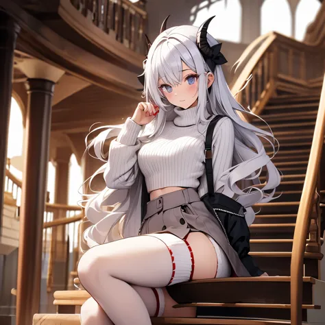 Whitr hair Demon girl with open sholder sweater and stocking 