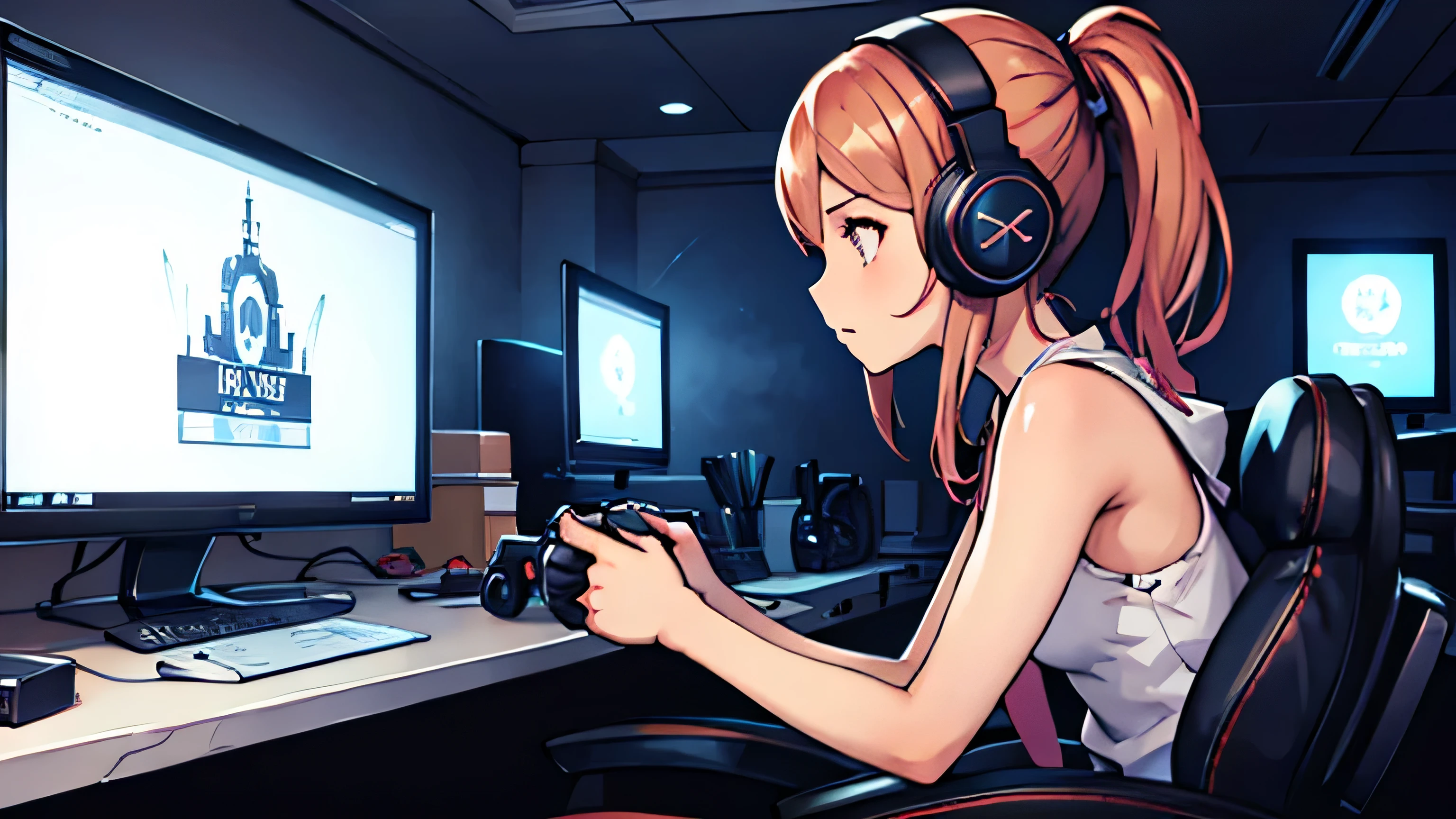 Beautiful girl playing video games with headphones in a dark room　From the side