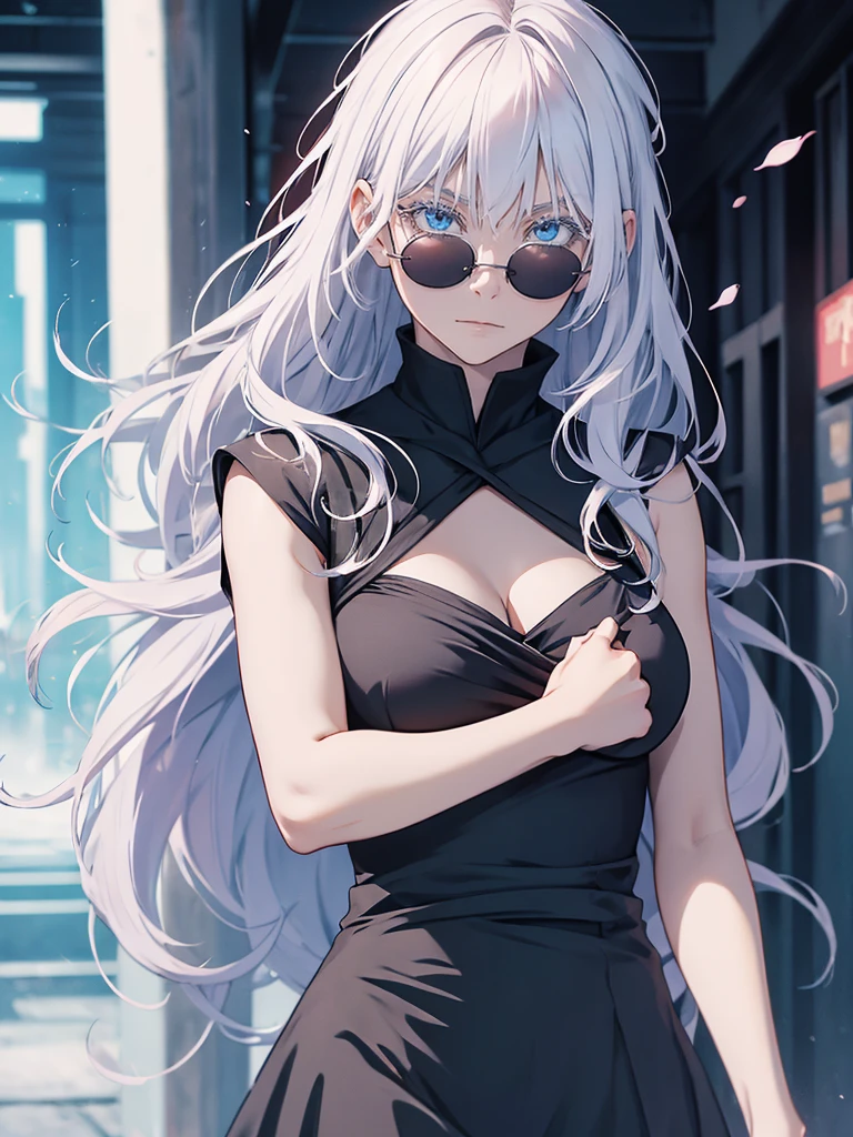 Woman, famale version, female, jujutsu kaisen, solo, alone, white hair, bangs, long hair, hair on eyes, both eyes should be covered by hair, white eyebrows, white eyelashes, light blue eyes, (wearing round sunglasses), wearing black shirt, black sleeves, black clothing, in prom party, school, high quality, 4k resolution, anime, ((prom party dress wear)) (((Solo)))