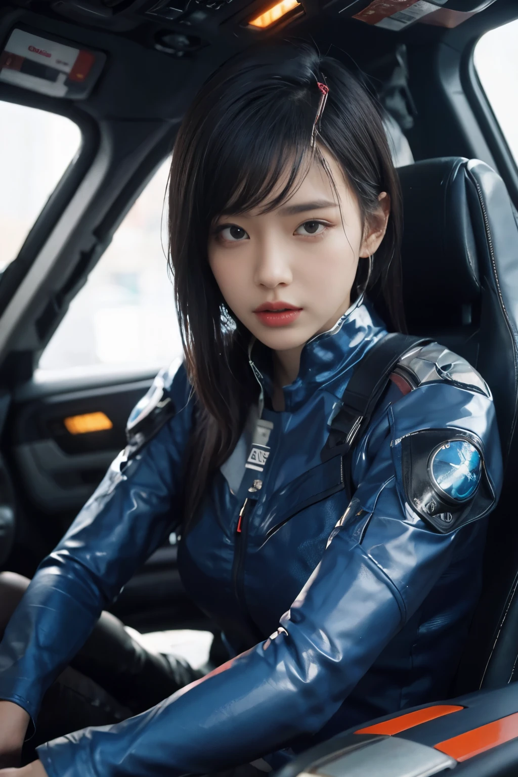 Girl with thin straight hair, White latex space suit glued to body, very beautiful, very attractive, very fine, Cockpit space, big breasts, Cosmic window, brown