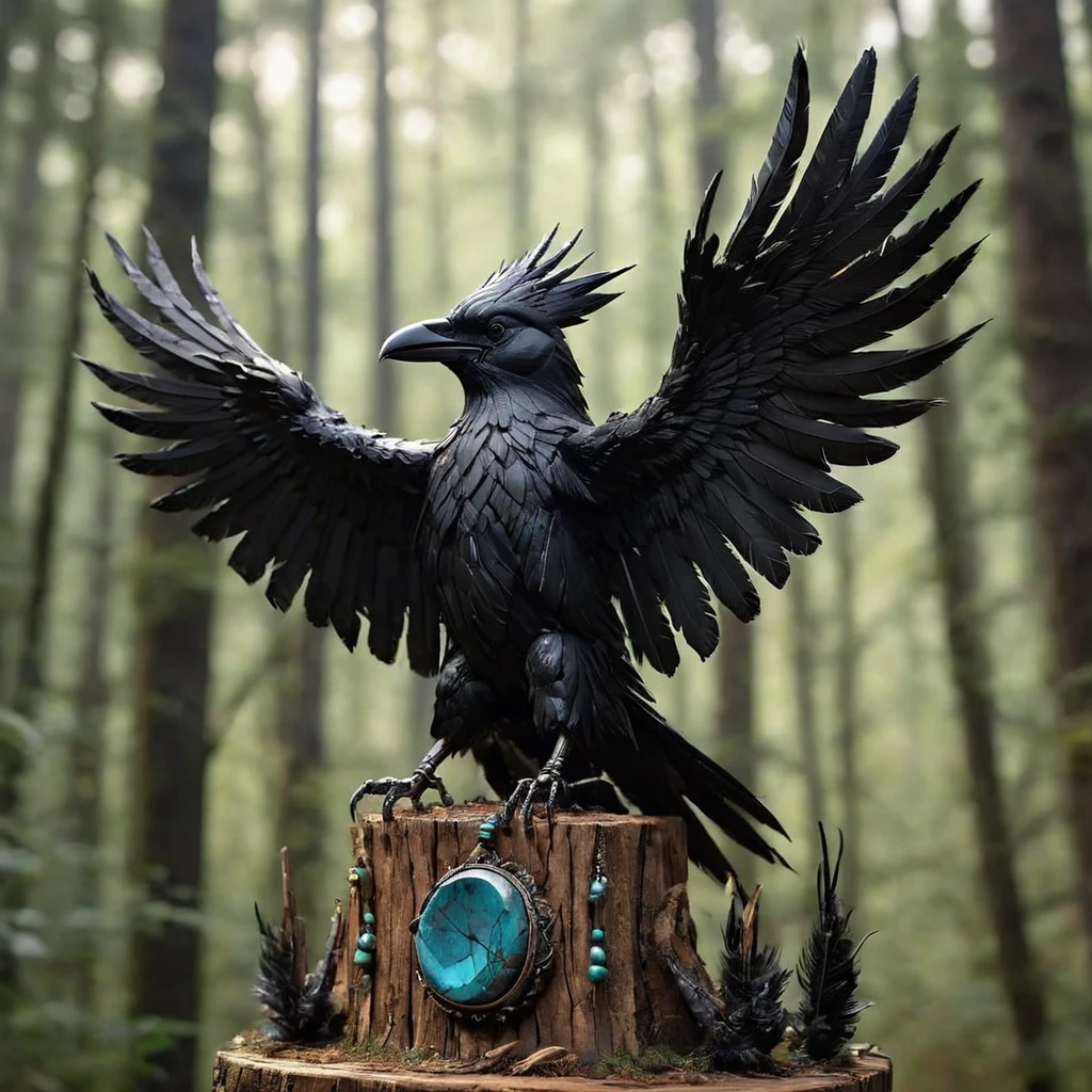Crow-shaped Native American totem, hyper-detailed woodwork, adorned with feathers, beads, flock of black crows soaring above dense forest backdrop, embodying elegance, splendor, perfection, inspired by Benedick Bana , chiaroscuro, high contrast, textured look, Miki Asai Macro photography influence, trending on Artstation, sharp focus, studio photography, intricate beadwork details, immaculate composition, intricate details as seen in octane rendering, High Resolution, High Quality, Masterpiece